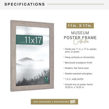 MCS Museum Poster Frame 11x17 Barnwood, Vertical & Horizontal Wall Hanging Large Picture Frame for Photos, Posters & Art Prints (1-Pack)