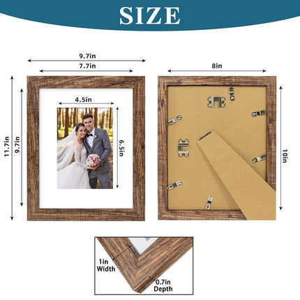 Hongkee 8x10 Picture Frame Set of 4, with Real Glass and Rustic Brown Wood Frame - 8x10 Frame with 5x7 Mat, 8 by 10 for Wall or Tabletop