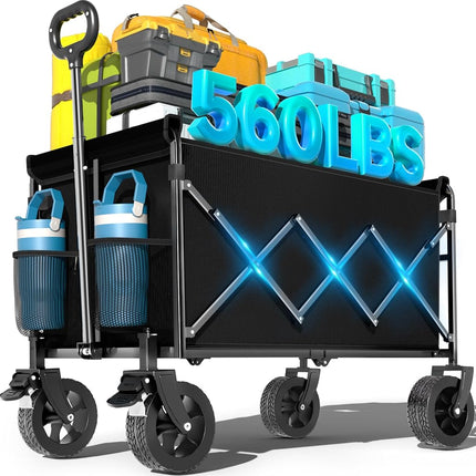 Folding Wagon, Extra Long Extender, Heavy Duty All-Terrain Wheels for Camping, Sports, Shopping, 330 lbs Capacity, Collapsible Cart for Beach, Sand and Large Events,Black (Black-Blue001)