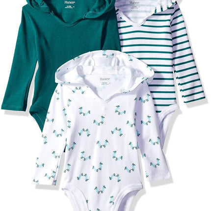 Lot de 3 grenouillères à manches longues Hanes Ultimate Bodysuit à capuche pour bébés garçons et filles, rayures vertes, 0-6 mois