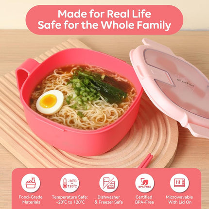 AI Love Peace Microwave Ramen Bowl with lid and Utensils (Bright Pink)