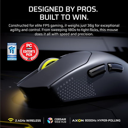 Corsair Sabre v2 PRO Ultralight Wireless FPS Gaming Mouse - 33,000 DPI, Weight 36 g, Hyper-Polling 8000 Hz, Mechanical Switches, Wireless Battery Life Up To 70 Hours
