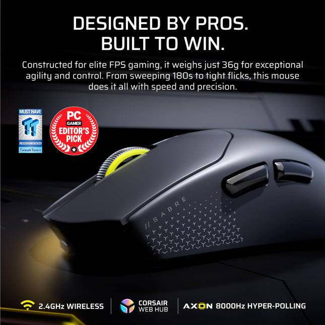Ratón inalámbrico para juegos FPS ultraligero Corsair Sabre v2 PRO - 33.000 DPI, peso 36 g, Hyper-Polling 8000 Hz, interruptores mecánicos, duración de la batería inalámbrica de hasta 70 horas