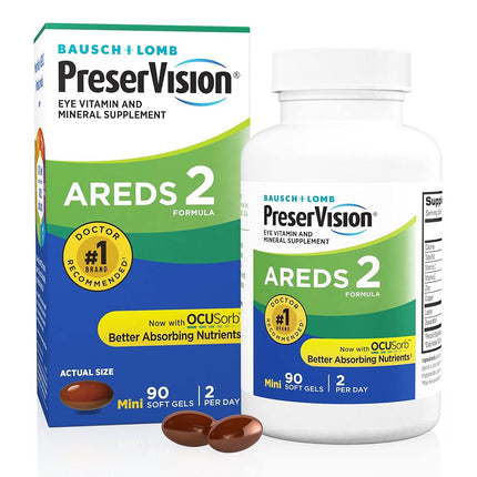 PreserVision Bausch + Lomb AREDS 2 Eye Vitamin & Mineral Supplement Soft Gels, 90 Count Bottle