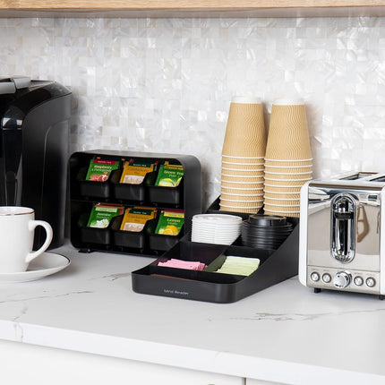 Mind Reader Tea Storage, Cup and Condiment Station, Set of 2, Countertop Organizer, Kitchen, 7.25" L x 15.5" W x 5.25" H, Black