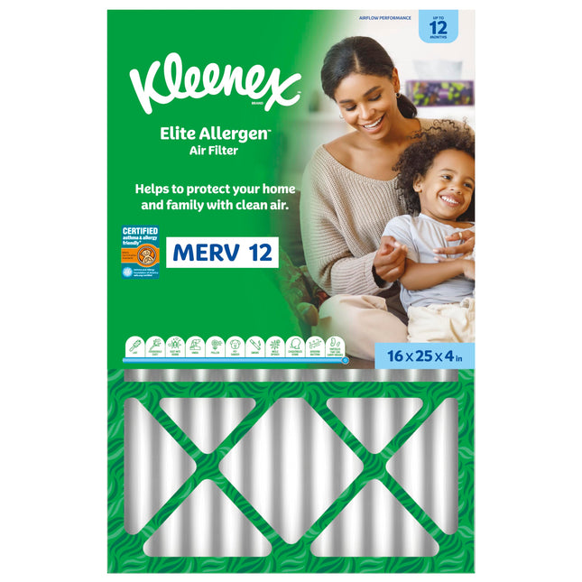 Kleenex Elite Allergen Air Filter 16x25x4 Inches - 12 MERV RATING (2-Pack)