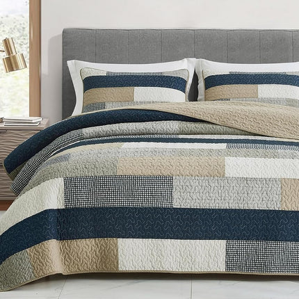 Chezmoi Collection Dylan 2-Piece Navy Blue White Gray Taupe Plaid Rectangular Patchwork Quilt Set - Pre-Washed Cotton Coverlet - Lightweight Bedspread for All Seasons, Twin Size