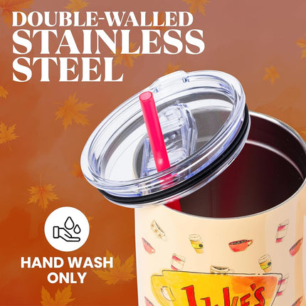 Silver Buffalo Gilmore Girls Luke's Diner – Gobelet isotherme en acier inoxydable avec poignée et paille, compatible avec les porte-gobelets standards, 1,18 litre