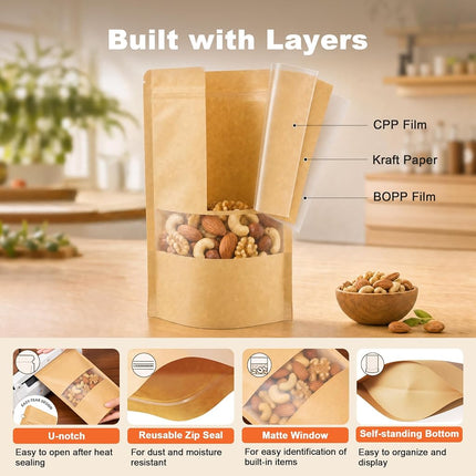 100 Pcs Resealable bags,Stand Up Brown Kraft Paper Bags with Matte Window, Zip Lock Food Storage Bags for Packaging Products, Reusable, Sealable(7.9" x 11.8")