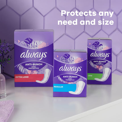 Always, Toallas Higiénicas Diarias Xtra Protection de Anti-Bunch para Mujeres, Largas, 116 Unidades en Total (4 Paquetes de 29 Unidades)