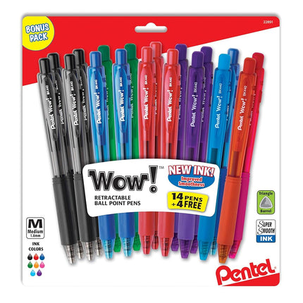Pentel WOW! Retractable Ballpoint Pens, Medium Line, Assorted Ink Colors, (BK440BP18M) by Pentel