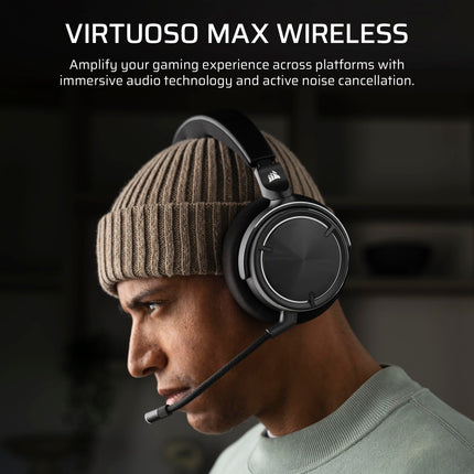Corsair VIRTUOSO MAX WIRELESS Gaming Headset – Dolby Atmos, Active Noise Cancelling, Sonarworks SoundID, Simultaneous 2.4GHz Wireless & Bluetooth, 50mm Graphene Drivers, PC, Mac, PS5/PS4 – Carbon