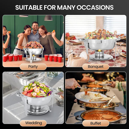 Rengue Plats à Chafing 6 pintes pour Buffet, Lot de 4 Plats à Chafing Ronds en Acier Inoxydable, Serveurs et Chauffe-plats de Buffet Chauffants et Refroidissants, Chauffe-plats pour Fêtes, Réceptions, Banquets, Mariages