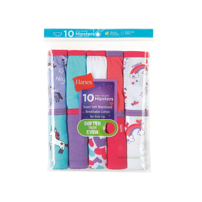 Hanes Girls' 100% Cotton Tagless Hipster Panties, Multipack, Assorted 10-Pack, 12