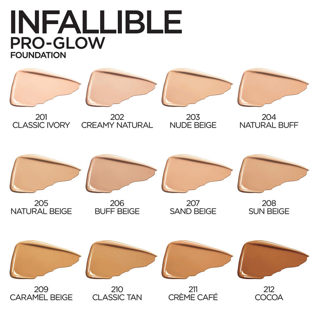 L'Oréal Paris Infallible Pro Glow Maquillaje de Larga Duración, 206 Buff Beige, 30 ml (Exclusivo de Amazon)