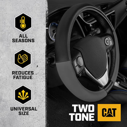 CAT® ErgoDrive Car Steering Wheel Cover with Dark Gray Grip, Standard 15 inch Size, Durable and Comfortable with Advanced Grip, Black Faux Leather Steering Wheel Cover for Auto Truck Van SUV