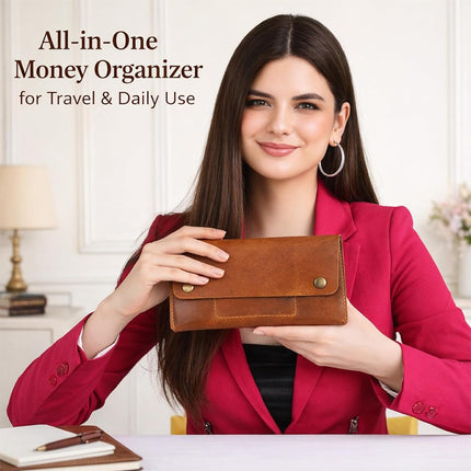TheAntiq Leather Currency Pouch Wallet, Full Grain Money Organizer with Zipper Coin Pocket & Mobile Holder, Slim Travel Cash Envelope for Men & Women – Tan 8x4