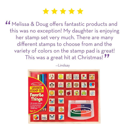 Melissa & Doug Wooden Stamp Set, Favorite Things - 26 Stamps, 4-Color Stamp Pad with Washable Ink for Art Projects for Kids Ages 4+
