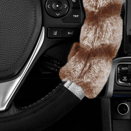 BDK Bear Fur Steering Wheel Cover, Plush Faux Fur Fuzzy Steering Cover for Car Truck Van SUV, Standard Size Fits Wheels 14.5 - 15 in Diameter, Two Tone Black / Brown with Glitter