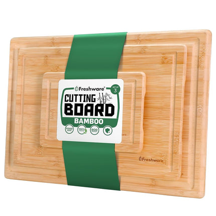 Tablas de cortar de madera Freshware para cocina - Juego de 3 tablas de cortar de bambú, tablas de cortar con ranuras para jugos, juego de tablas de servir, tablas de picar para carne, verduras, mango de fácil agarre (9x6, 12x8, 15x10)