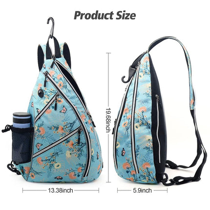 ZOEA Pickleball Bag, Sport Pickleball Sling Bag for Women Man, Adjustable Pickleball Backpack with Fence Hook Water Bottle Holder, Fits 4 Paddles and All Your Other Gear (Flower Blue)