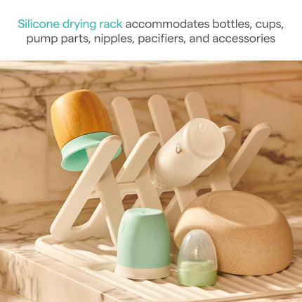 Munchkin Silicone Bottle Drying Rack and Mat, Holds 8 Bottles, Pump Parts, Pacifiers, & Accessories, Space Saving Folding Design, Home and Travel Use, Silicone, White