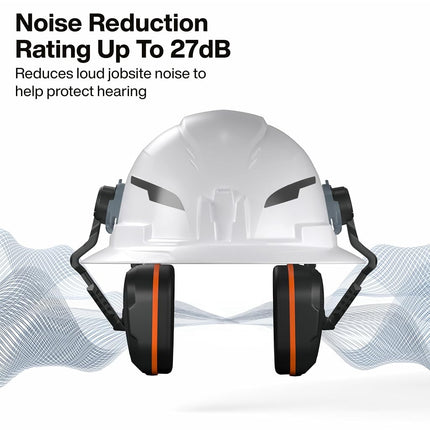KLEIN TOOLS 22029 Non-Conductive Hard Hat Earmuffs, Up to 27dB NRR, Hearing Protection Earmuffs Compatible with Full Brim, Cap Style, and Safety Helmets, Soft Foam Cushion, Hard Hat Accessories