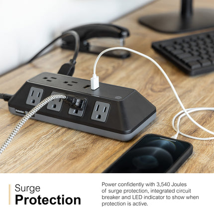 Protector de sobretensión GE UltraPro de 10 tomas con puertos USB, 2 puertos USB-A, 2,4 A, 12 W, regleta con cable trenzado de 1,2 m, 3540 julios, negro, 73775