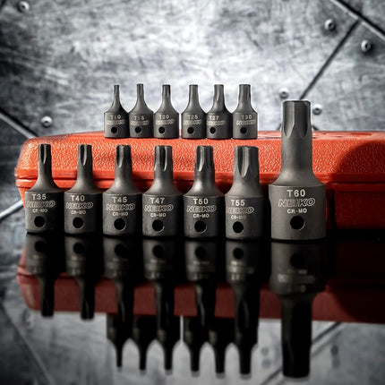 Neiko 10282B Security Torx Impact Socket Kit, 13 Piece | 1/4" - 1/2" Square Drive | T10H - T60H | Cr-Mo Steel