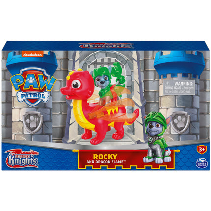 PAW Patrol, Rescue Knights Rocky y dragón, set de figuras de acción Flame, juguetes para niños de 3 años en adelante