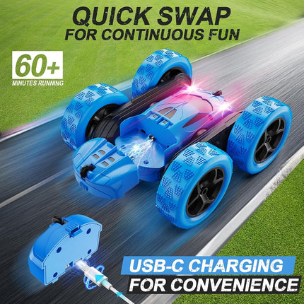 QUNREDA Remote Control Car, RC Cars Toys for Kids Ages 6-12, 4WD Stunt Car with LED Lights & 360° Flips, 2.4GHz, Upgraded USB-C Modular Batteries, 8-10 Year Old Boys Blue