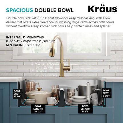 KRAUS KBU32 Premier 32-inch 16 Gauge Undermount 50/50 Double Bowl Kitchen Sink with Smart Low Divider