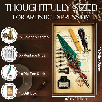 Joyeee Blue Quill Pen and Ink Set, including Punk Mechanical Style Feather Pen, Black Ink, Pen Holder, Gift Box, Fancy Writing Pen Calligraphy Kit for Writing Lovers to Creative Hand Lettering
