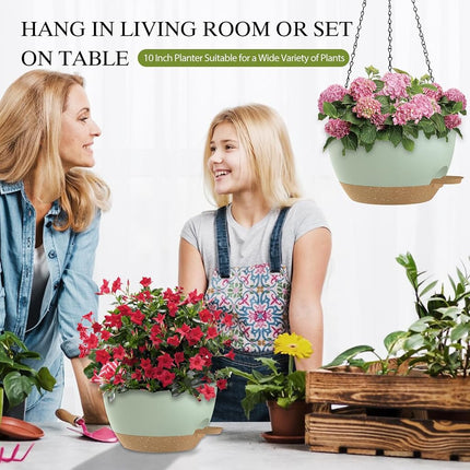 SQKH 10 Inch Hanging Baskets 2 PC with Chains, Self-Watering Hanging Planters for Indoor Outdoor Plants, Plastic Hanging Flower Pots,Green Brown