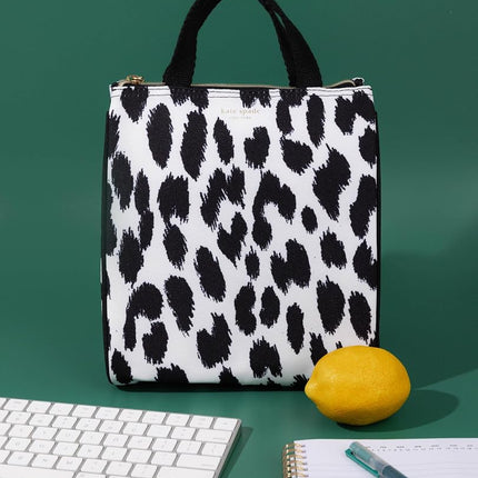 kate spade new york Cute Lunch Bag for Women, Large Capacity Lunch Tote, Adult Lunch Box with Silver Thermal Insulated Interior Lining and Storage Pocket (Modern Leopard)