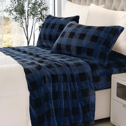 Elegant Comfort Luxuriously Soft 4-Piece Velvet Plush Flannel Sheet Set - Premium Quality - Cozy Warm, Anti-Static, Non Pilling Fuzzy Velvet Flannel Fleece Deep Pocket Sheet Set -Twin XL, Buffalo Blue