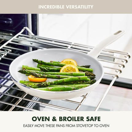 GreenPan Dover Juego de 2 sartenes de 8 y 10 pulgadas, revestimiento cerámico antiadherente no tóxico sin PFAS, para sellar, saltear, freír huevos, tortilla, aptas para lavavajillas y horno, mango frío al tacto, bordes fáciles de verter, blanco crema