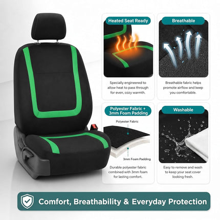FH Group Car Seat Covers Front Set in Cloth-Car Seat Covers for Low Back Car Seats with Removable Headrest,Universal Fit,Automotive Seat Covers,Washable Car Seat Cover for SUV,Sedan,Van Green
