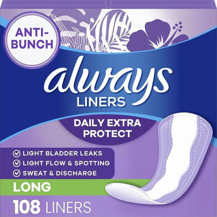 Always Daily Extra Protect Liners, Long Length, Unscented Panty Liners, 108 Count