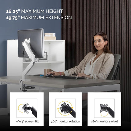 Fellowes Single Monitor Arm - Platinum Series Mount for 8KG 32 inch Screens - Ergonomic Adjustable Arm Desk Mount - Tilt 45° Swivel 360° Rotation 360°, VESA 75 x 75/100 x 100 - White