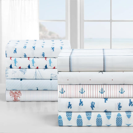 Nautica - Juego de sábanas dobles, juego de ropa de cama de percal de algodón, decoración costera para el hogar, artículos esenciales para dormitorio (pez de bloque de madera azul, individual)