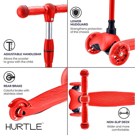 Hurtle Mini Kickboard Scooter for Kids - Height Adjustable 25''-28'', Lightweight 3-Wheel Toddler Scooter with LED Light-up Wheels, Anti-Slip,Indoor/Outdoor Fun for Ages 2-5 (red)