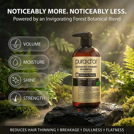 PURA D'OR 16 Oz Advanced Therapy Shampoo Reduces Hair Thinning & Increases Volume, No Sulfate, Biotin Shampoo Infused with Argan Oil, Aloe Vera for All Hair Types, Men & Women