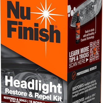 Nu Finish Headlight Restore and Repel Kit, 2-Step Car Headlight Restoration Kit with 4 Headlight Restorer Wipes and a Ceramic Self-Leveling Headlight Sealant Spray