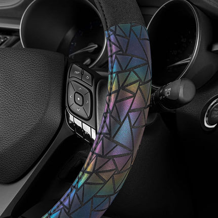 BDK Geometric Prism Sparkle Glitter Steering Wheel Cover - Car Steering Wheel Cover for Women with Shiny Holo Bling Accents, Fits Most Car Truck Van SUV Wheel Sizes 14.5 to 15 inch