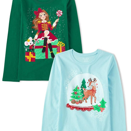 The Children's Place Girls' All Holidays Long Sleeve Graphic T-Shirts,multipacks, Christmas Girl Candy/Snowglobe 2-Pack, Small