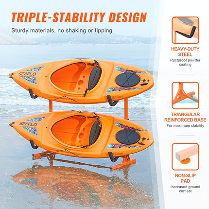 VEVOR Freestanding Kayak Storage Rack, Kayak Stand for 2 Kayak Canoe Paddleboard, Heavy-duty Steel Kayak Hanger Holder with Padded Arms and Adjustable Width, 79.5kg Max Load, for Indoor Outdoor Garage
