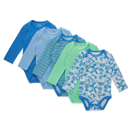 Hanes unisex-baby Long Sleeve Bodysuit, Ultimate Flexy Bodysuits Boys & Girls, 5-pack, Blue/Brown/Green, 6-12 months
