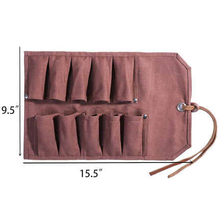 Tool Roll Up Bag with 10 Staggered Tool Pockets, Portable Carry Small Wrench Roll Up Pouch (Brown)