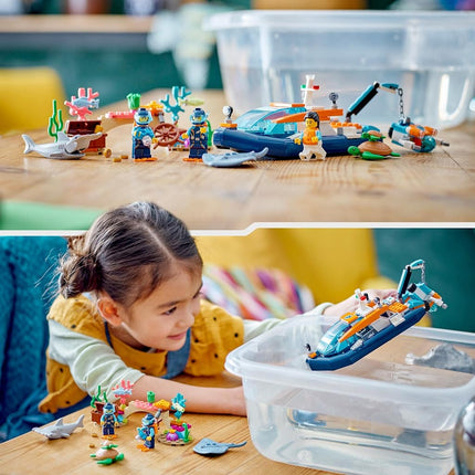 LEGO City Explorer Diving Boat Toy with Mini-Submarine, Shark, Crab, Turtle Manta Ray and Sea Animal Figures, Underwater Ocean Diving Set, for Kids Aged 5+ 60377